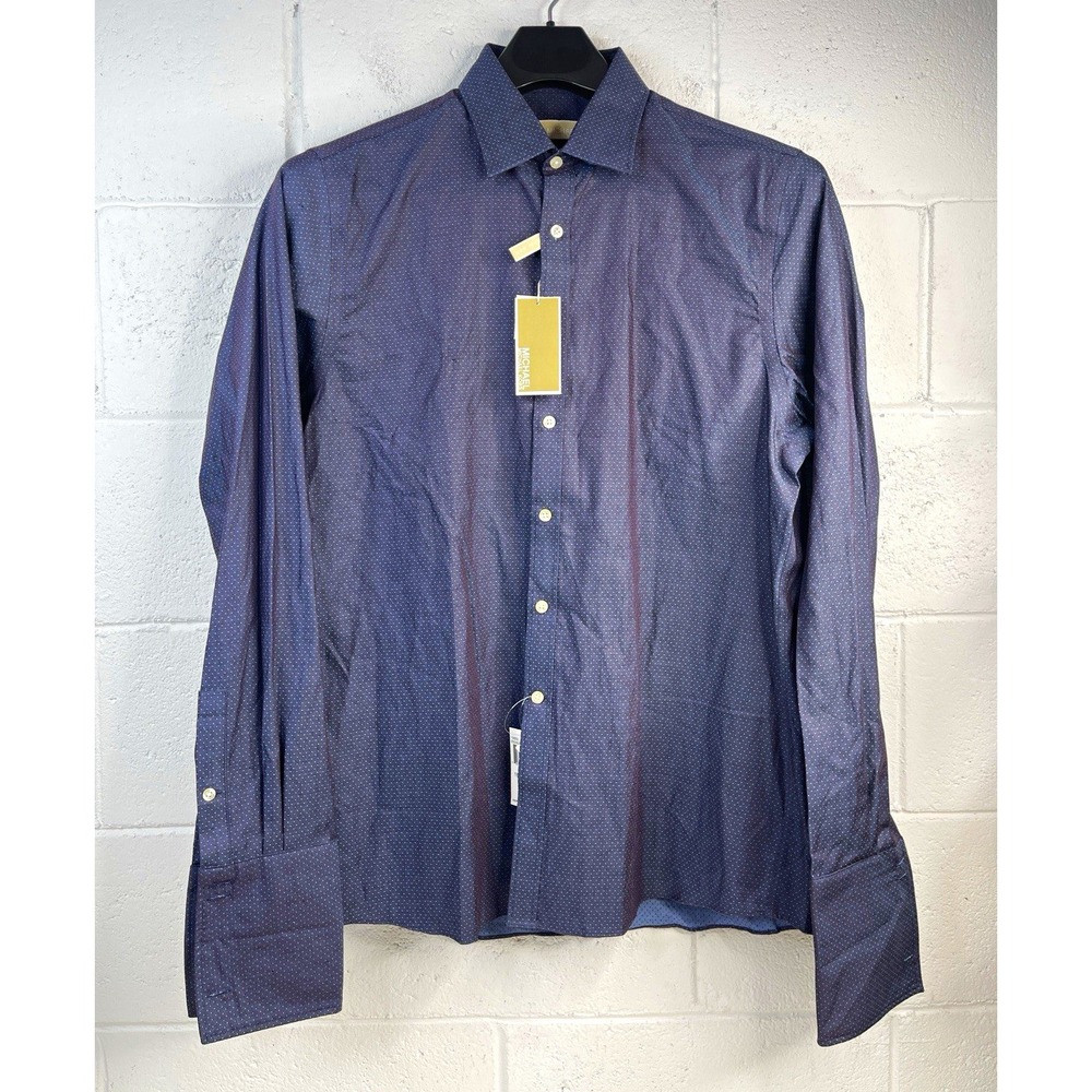 Michael Kors Dress Shirt Mens 16.5 36/37 Navy Blue Polka Micro Dot Non Iron NWT